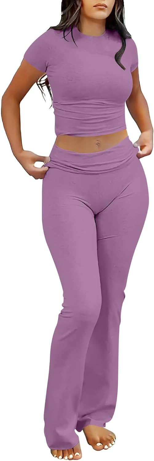 ANRABESS Lounge Sets for Women 2 Piece Foldover Yoga Flare Leggings Pants Crop Tops Casual Y2K Outfits Matching Tracksuit Set