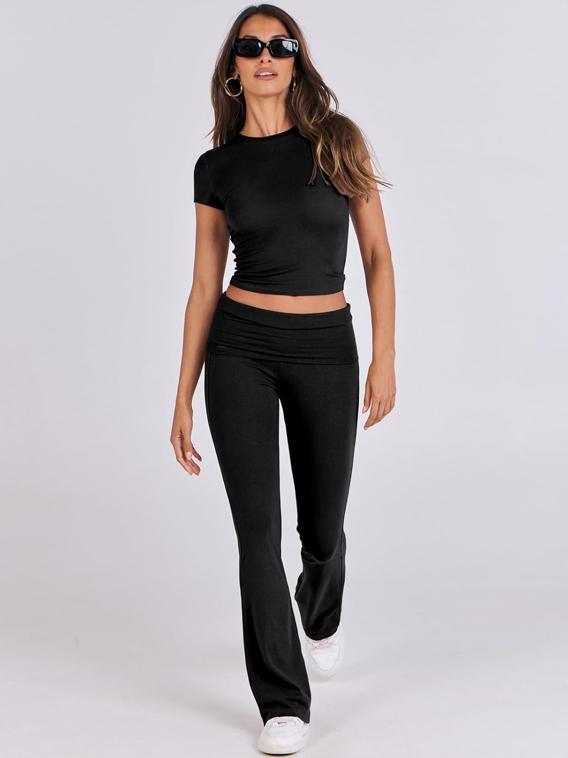 ANRABESS Lounge Sets for Women 2 Piece Foldover Yoga Flare Leggings Pants Crop Tops Casual Y2K Outfits Matching Tracksuit Set